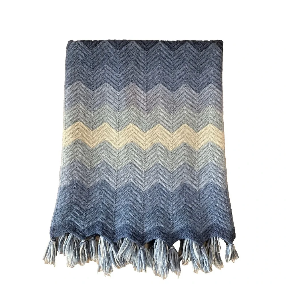 Vtg Blue Chevron Crochet Afghan 70's Boho Hippie Fringe Lap Blanket Throw 44x47